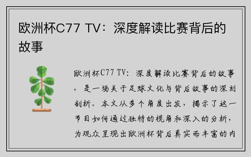欧洲杯C77 TV：深度解读比赛背后的故事